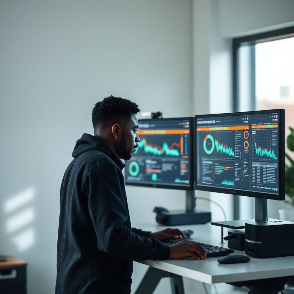 A BLEXware engineer building an analytics dashboard at a standing desk
