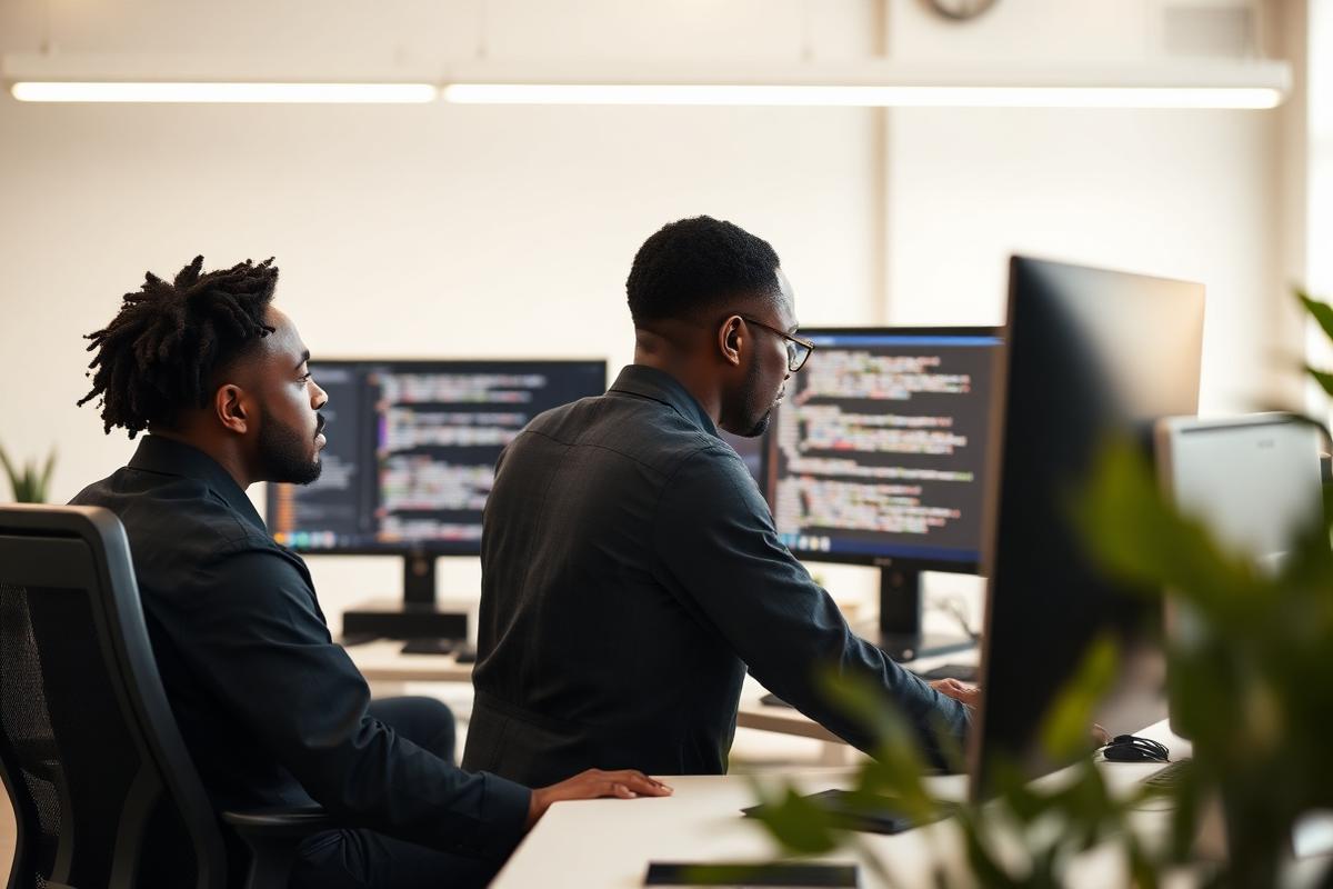 Two BLEXware engineers reviewing code together at a shared workstation