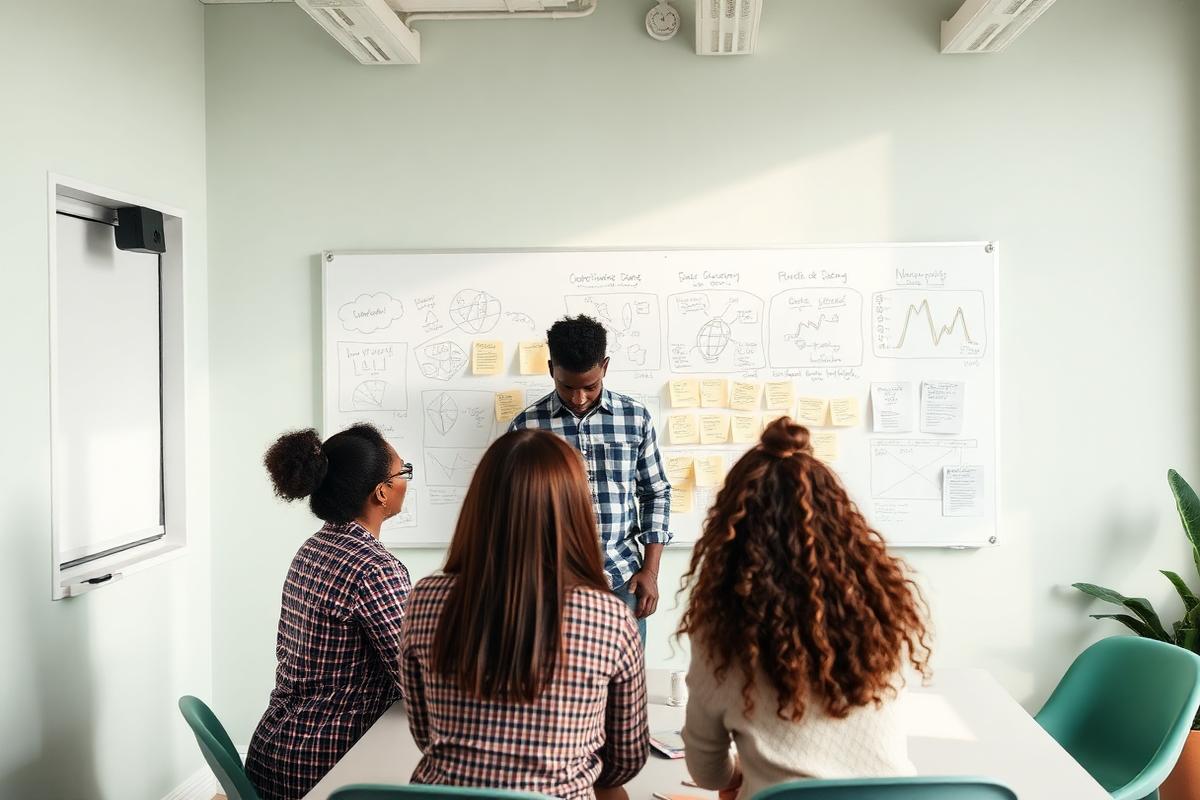 A BLEXware tech lead facilitating a discovery workshop at a whiteboard with clients